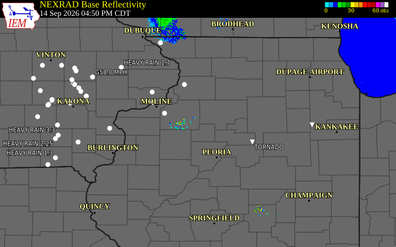 Current NEXRAD radar over Bureau County, Illinois with recent storm report locations