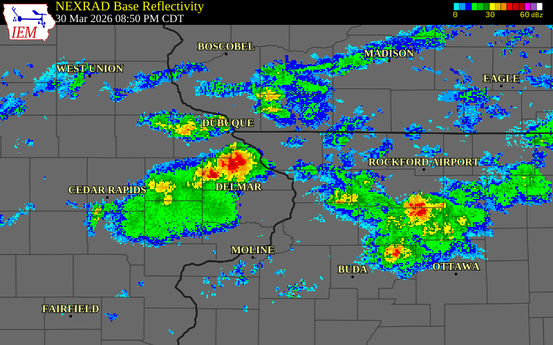 NEXRAD radar during the Monday, March 30, 2026 storm activity in Carroll County, Illinois
