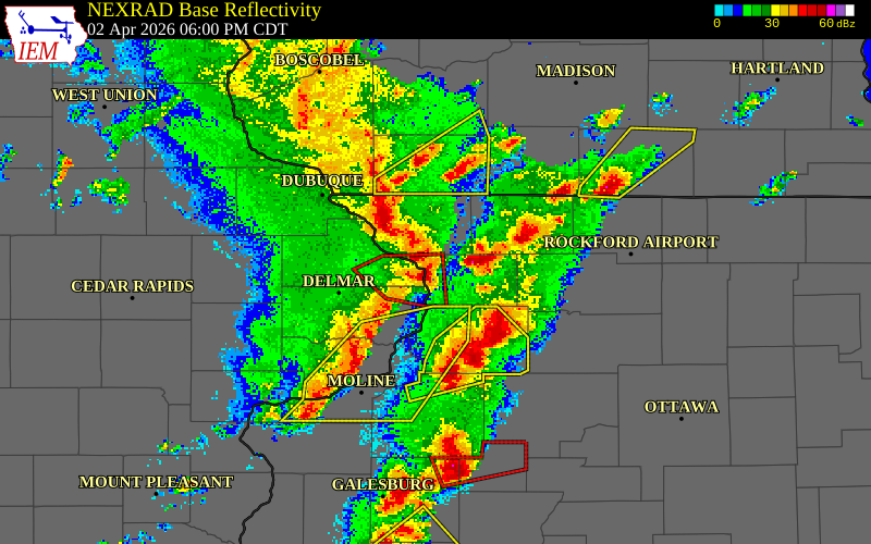 NEXRAD radar during the Thursday, April 2, 2026 storm activity in Carroll County, Illinois