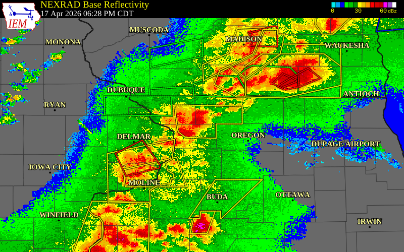 NEXRAD radar during the Friday, April 17, 2026 storm activity in Carroll County, Illinois