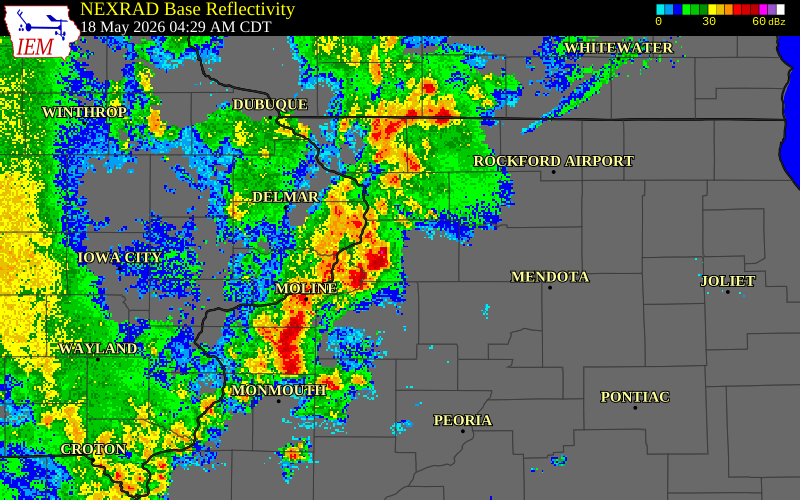 NEXRAD radar during the Monday, May 18, 2026 storm activity in Carroll County, Illinois