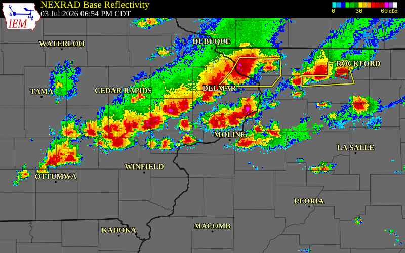 NEXRAD radar during the Friday, July 3, 2026 storm activity in Carroll County, Illinois