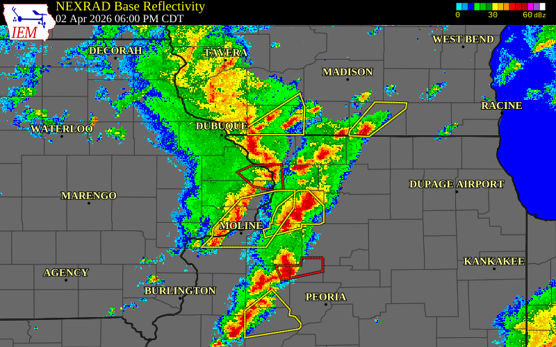Radar snapshot during the Apr 2, 2026 tornado event near 2 NE Savanna, Carroll County, Illinois, with NWS warning polygons