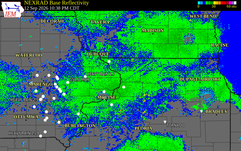 Current NEXRAD radar over Carroll County, Illinois with recent storm report locations