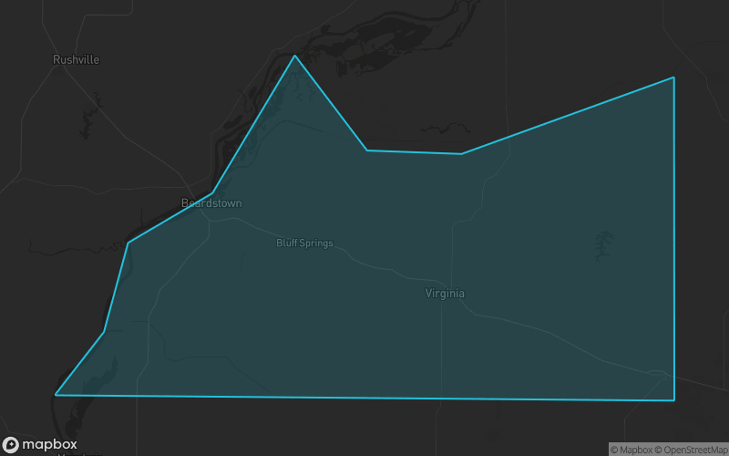 Map of Cass County, Illinois showing the county boundary and surrounding cities