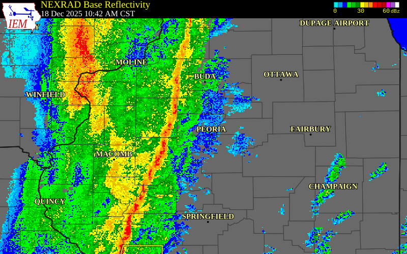NEXRAD radar during the Thursday, December 18, 2025 storm activity in Cass County, Illinois