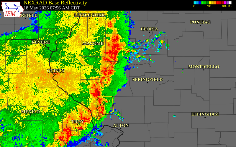 NEXRAD radar during the Monday, May 18, 2026 storm activity in Cass County, Illinois