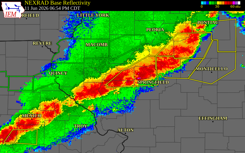 NEXRAD radar during the Thursday, June 11, 2026 storm activity in Cass County, Illinois