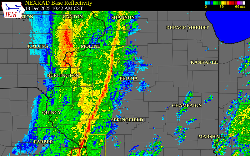 Radar snapshot during the Dec 18, 2025 wind event near Cass County, Cass County, Illinois, with NWS warning polygons