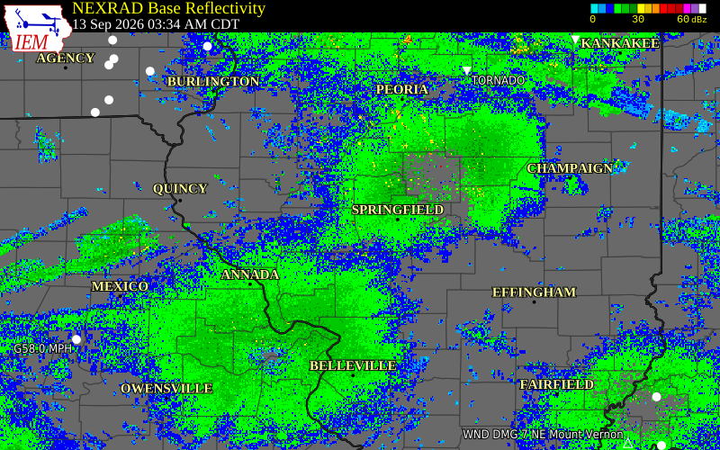 Current NEXRAD radar over Cass County, Illinois with recent storm report locations
