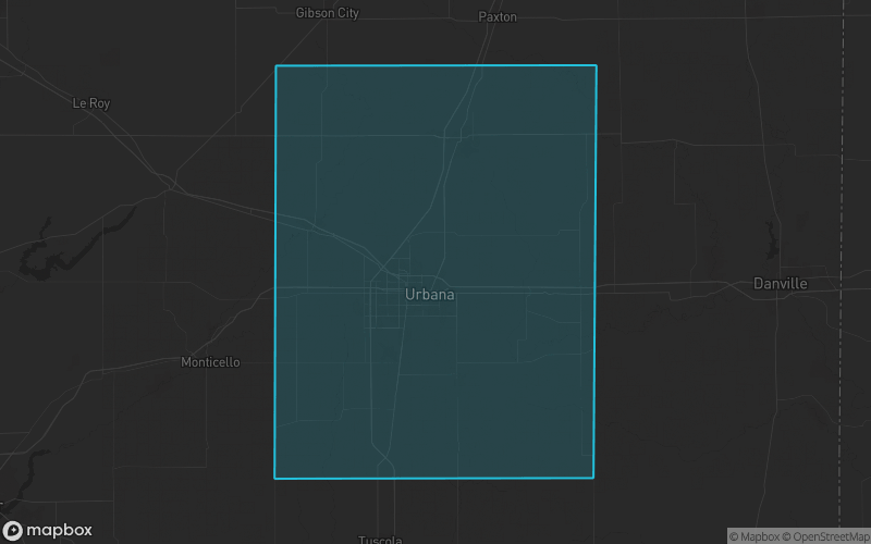 Map of Champaign County, Illinois showing the county boundary and surrounding cities