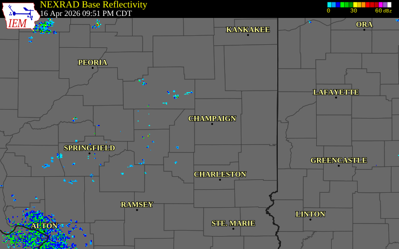 NEXRAD radar during the Thursday, April 16, 2026 storm activity in Champaign County, Illinois