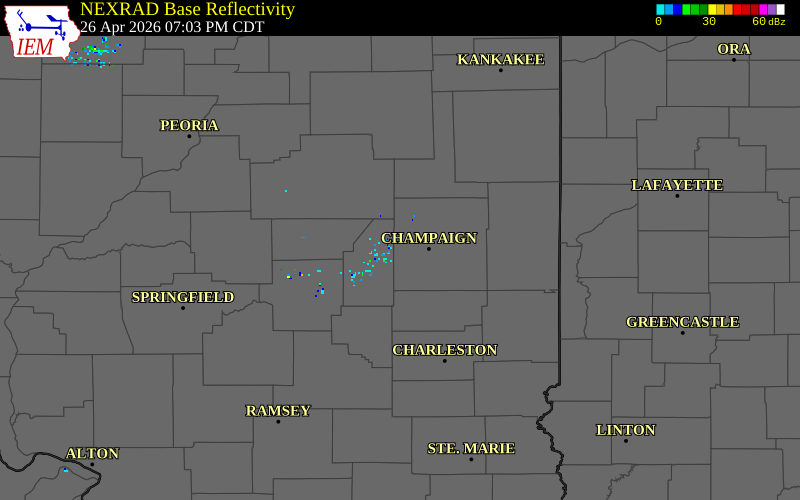 NEXRAD radar during the Sunday, April 26, 2026 storm activity in Champaign County, Illinois