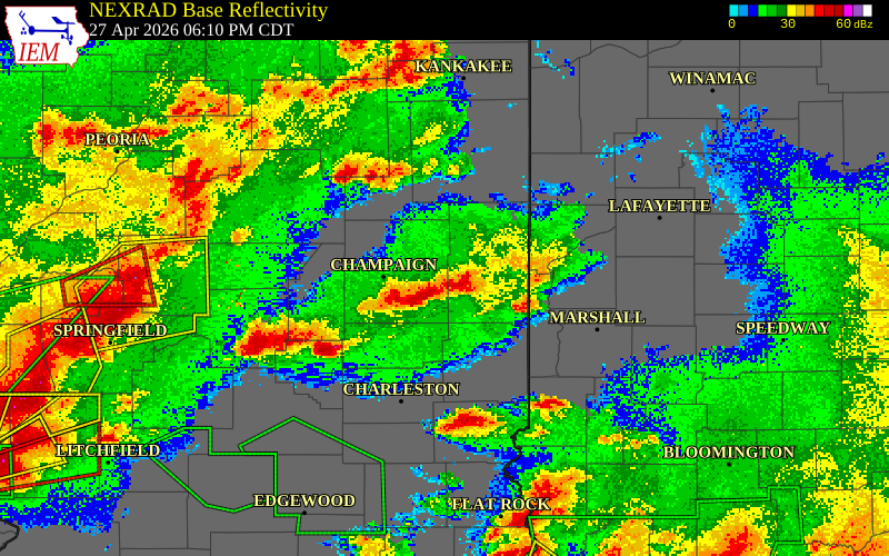 NEXRAD radar during the Monday, April 27, 2026 storm activity in Champaign County, Illinois