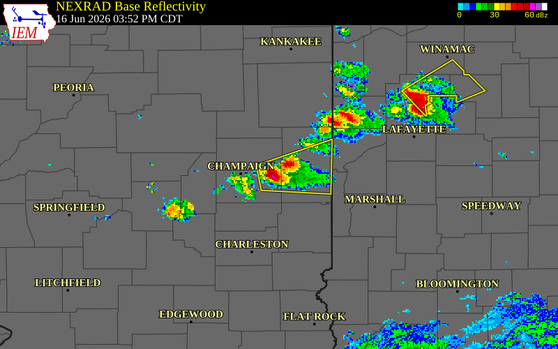NEXRAD radar during the Tuesday, June 16, 2026 storm activity in Champaign County, Illinois