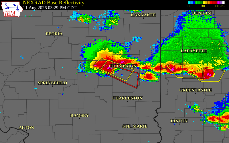 NEXRAD radar during the Tuesday, August 11, 2026 storm activity in Champaign County, Illinois