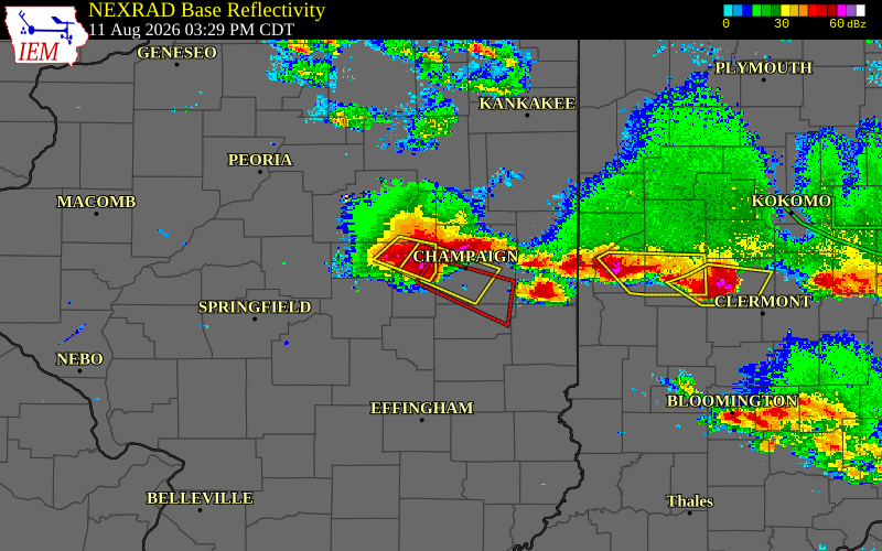 Radar snapshot during the Aug 11, 2026 tornado event near 3 S Seymour, Champaign County, Illinois, with NWS warning polygons