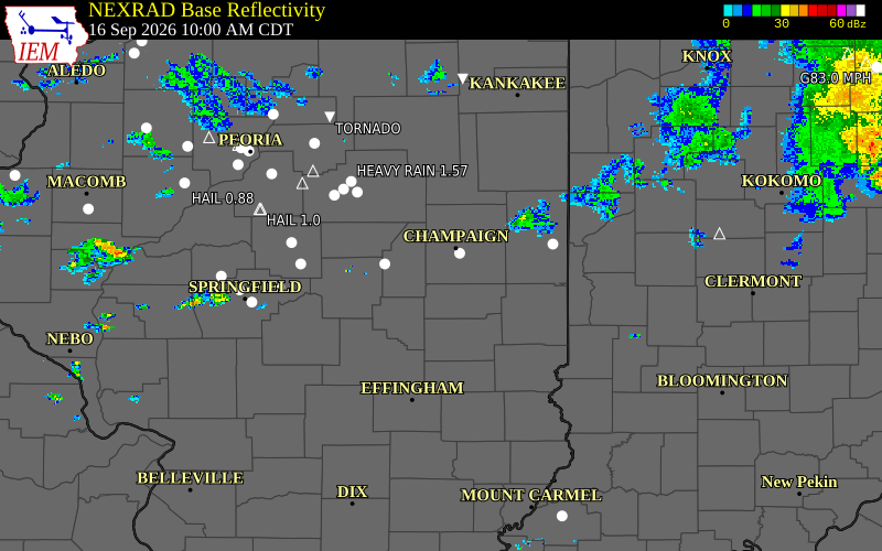 Current NEXRAD radar over Champaign County, Illinois with recent storm report locations