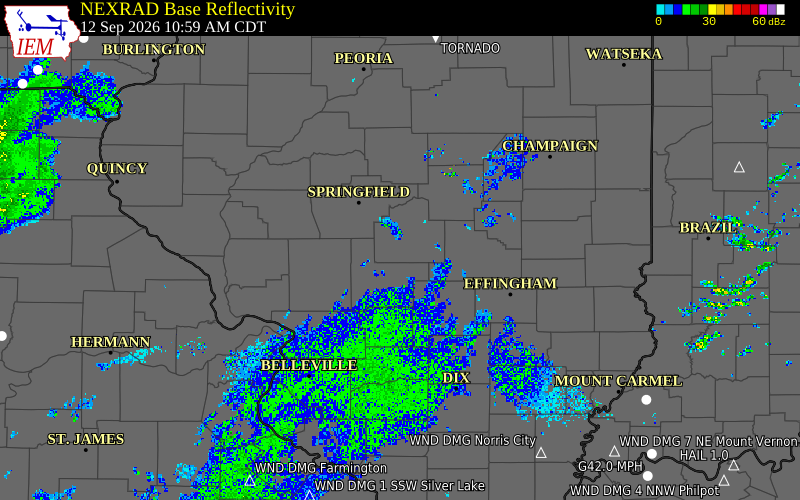 Current NEXRAD radar over Christian County, Illinois with recent storm report locations