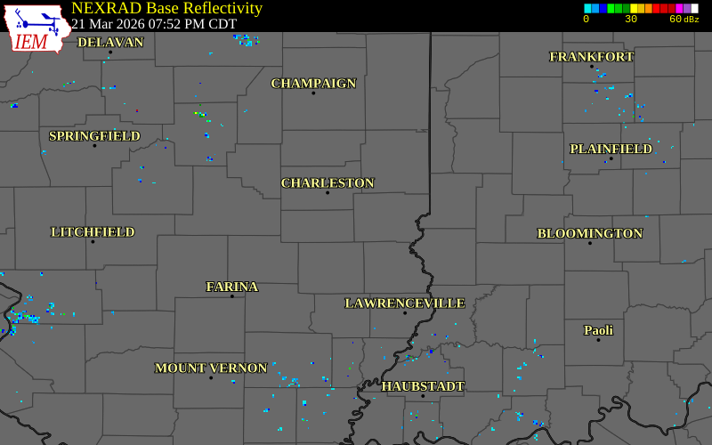NEXRAD radar during the Saturday, March 21, 2026 storm activity in Clark County, Illinois