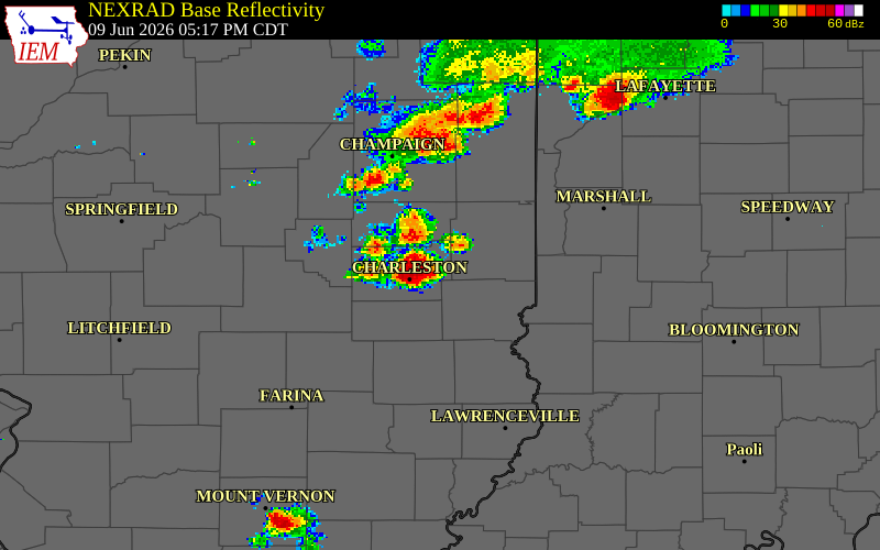 NEXRAD radar during the Tuesday, June 9, 2026 storm activity in Clark County, Illinois