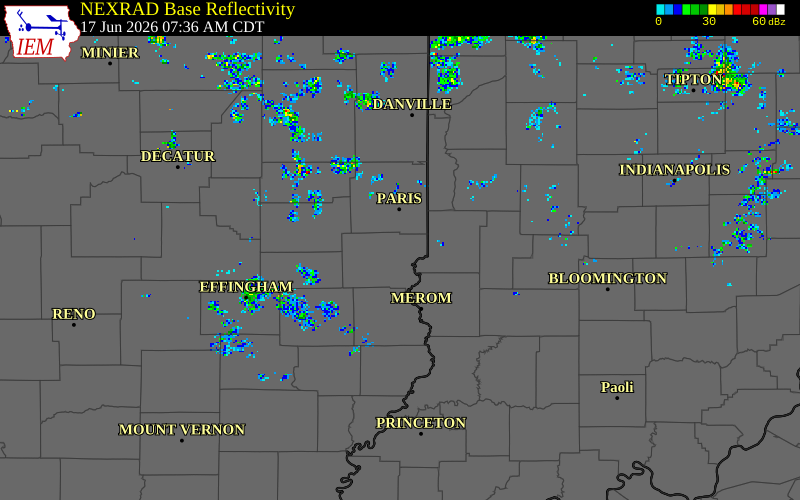 NEXRAD radar during the Wednesday, June 17, 2026 storm activity in Clark County, Illinois