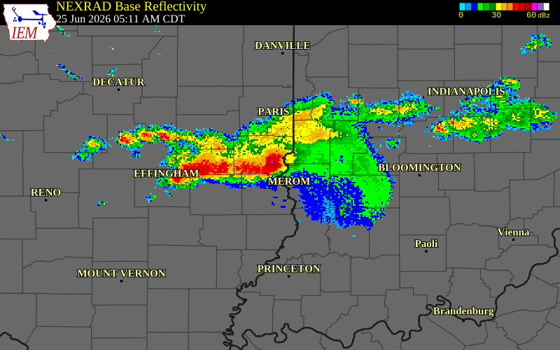 NEXRAD radar during the Thursday, June 25, 2026 storm activity in Clark County, Illinois