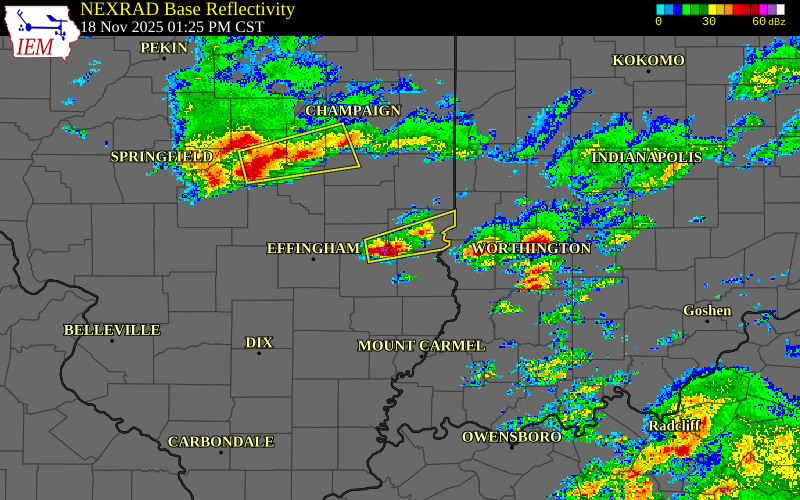 Radar snapshot during the Aug 11, 2026 hail event near Martinsville, Clark County, Illinois, with NWS warning polygons
