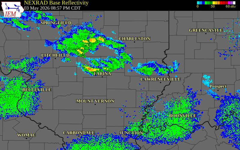 NEXRAD radar during the Sunday, May 3, 2026 storm activity in Clay County, Illinois