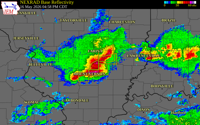 NEXRAD radar during the Saturday, May 16, 2026 storm activity in Clay County, Illinois