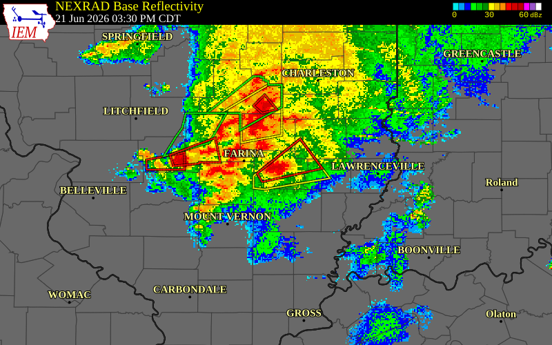 NEXRAD radar during the Sunday, June 21, 2026 storm activity in Clay County, Illinois