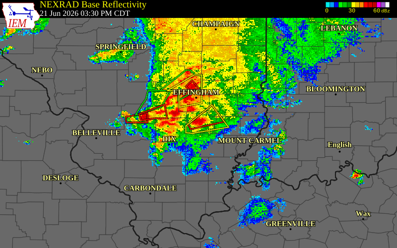 Radar snapshot during the Jun 21, 2026 tornado event near 2 SSW Louisville, Clay County, Illinois, with NWS warning polygons