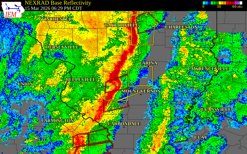 NEXRAD radar during the Sunday, March 15, 2026 storm activity in Clinton County, Illinois