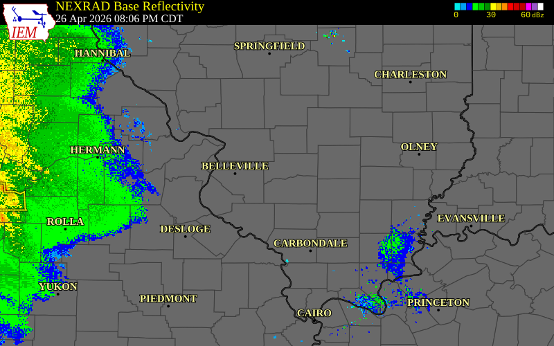 Radar snapshot during the Apr 26, 2026 tornado event near 2 WSW Germantown, Clinton County, Illinois, with NWS warning polygons