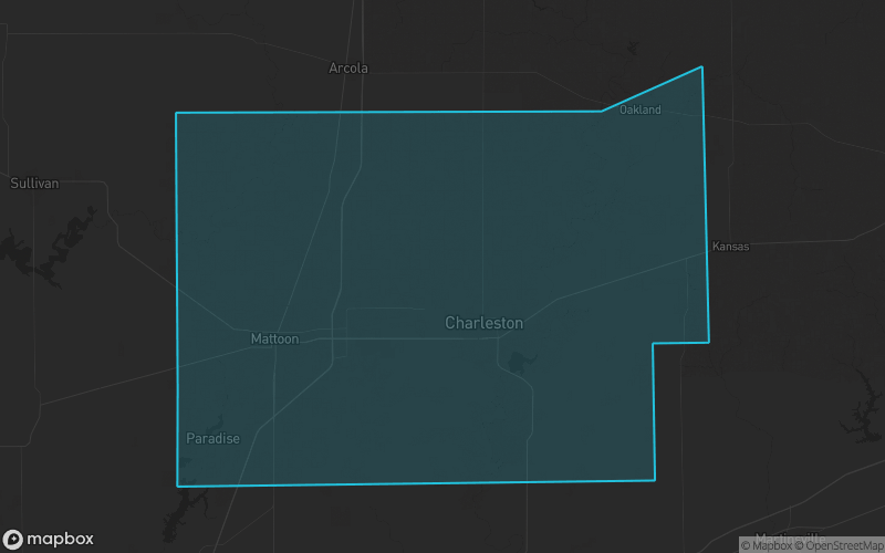 Map of Coles County, Illinois showing the county boundary and surrounding cities