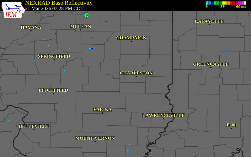 NEXRAD radar during the Saturday, March 21, 2026 storm activity in Coles County, Illinois