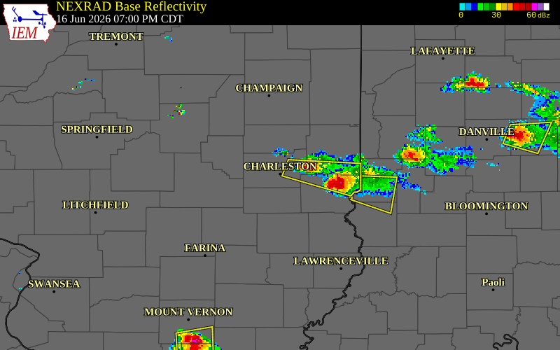 NEXRAD radar during the Tuesday, June 16, 2026 storm activity in Coles County, Illinois