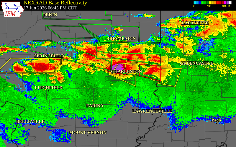 NEXRAD radar during the Wednesday, June 17, 2026 storm activity in Coles County, Illinois
