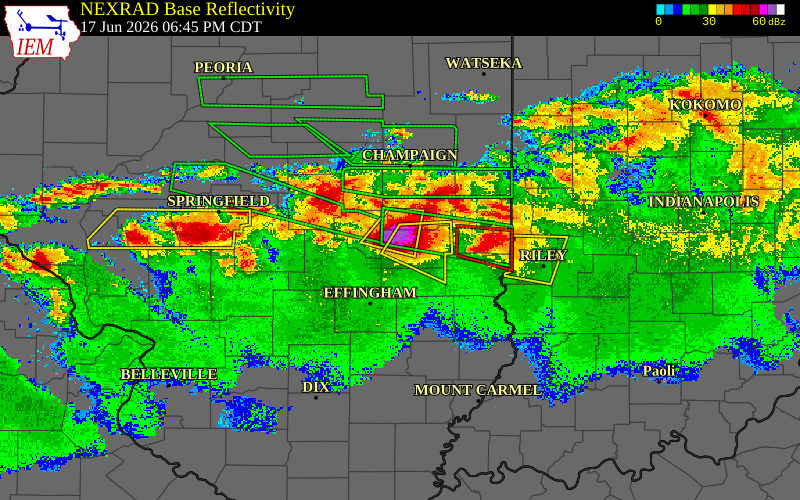 Radar snapshot during the Jun 17, 2026 tornado event near 3 NNE Mattoon, Coles County, Illinois, with NWS warning polygons