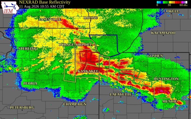 Radar snapshot during the Aug 11, 2026 tornado event near 1 ESE Homewood, Cook County, Illinois, with NWS warning polygons