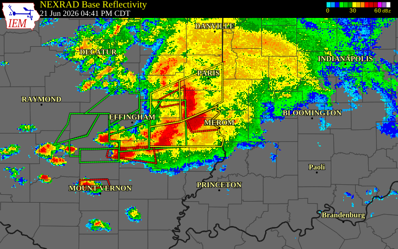 NEXRAD radar during the Sunday, June 21, 2026 storm activity in Crawford County, Illinois