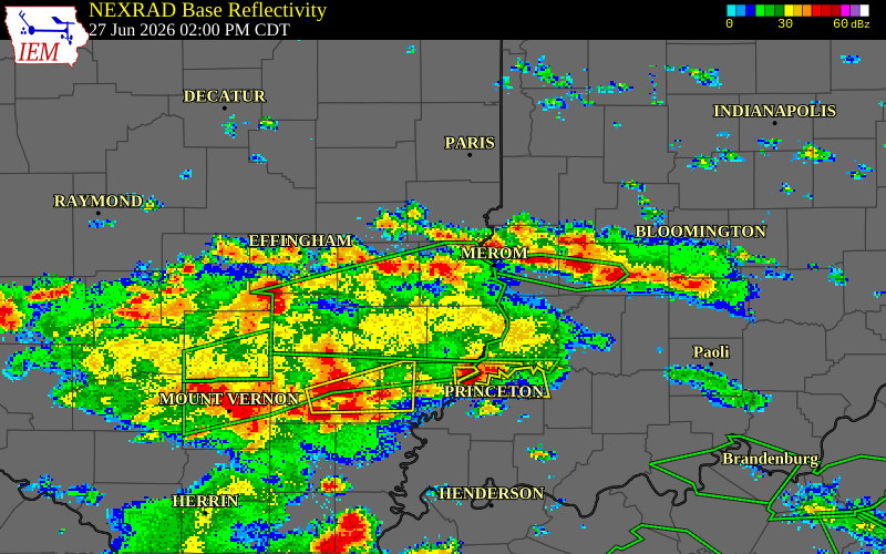 NEXRAD radar during the Saturday, June 27, 2026 storm activity in Crawford County, Illinois