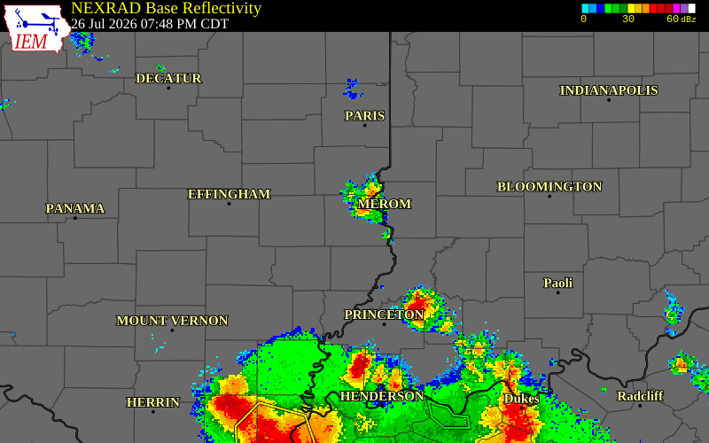 NEXRAD radar during the Sunday, July 26, 2026 storm activity in Crawford County, Illinois