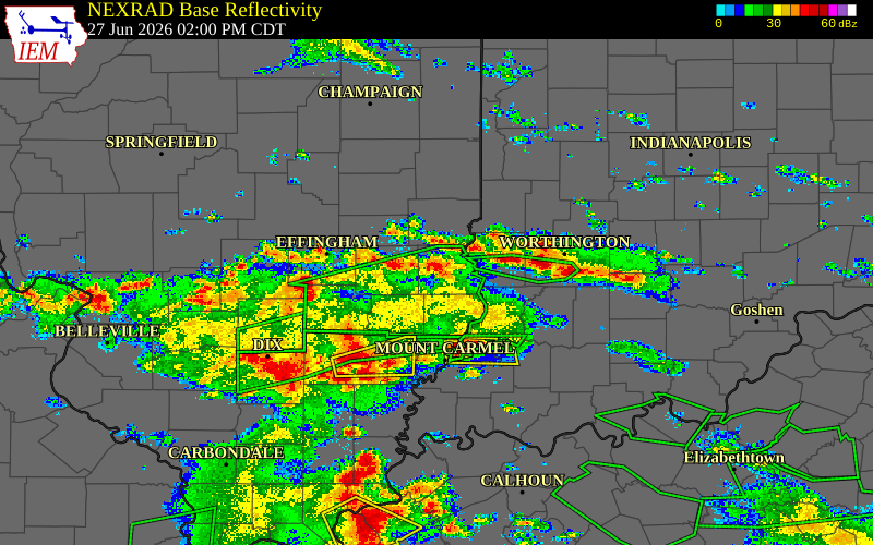 Radar snapshot during the Jun 27, 2026 tornado event near Stoy, Crawford County, Illinois, with NWS warning polygons