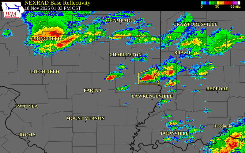 NEXRAD radar during the Tuesday, November 18, 2025 storm activity in Cumberland County, Illinois