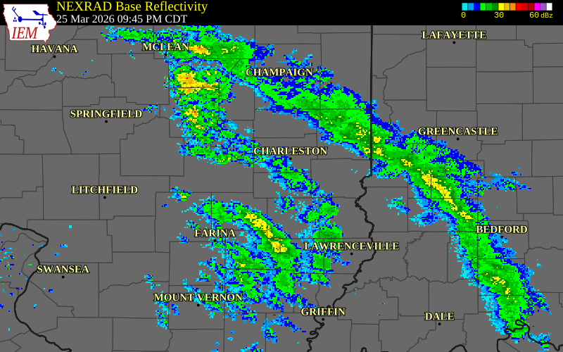 NEXRAD radar during the Wednesday, March 25, 2026 storm activity in Cumberland County, Illinois