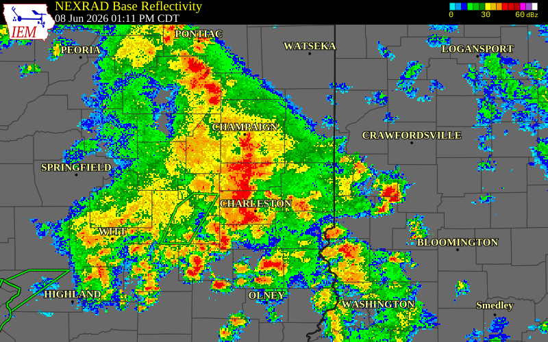 NEXRAD radar during the Monday, June 8, 2026 storm activity in Cumberland County, Illinois