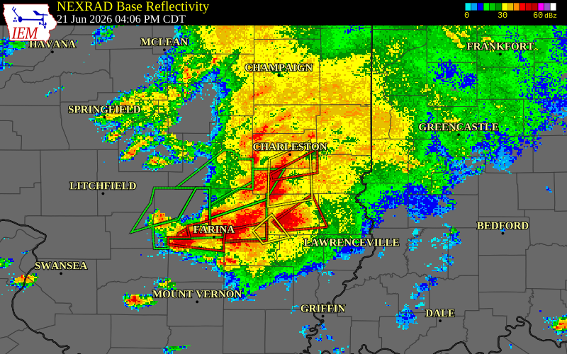 NEXRAD radar during the Sunday, June 21, 2026 storm activity in Cumberland County, Illinois