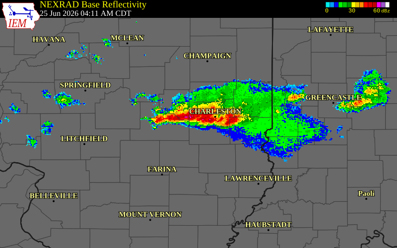NEXRAD radar during the Thursday, June 25, 2026 storm activity in Cumberland County, Illinois