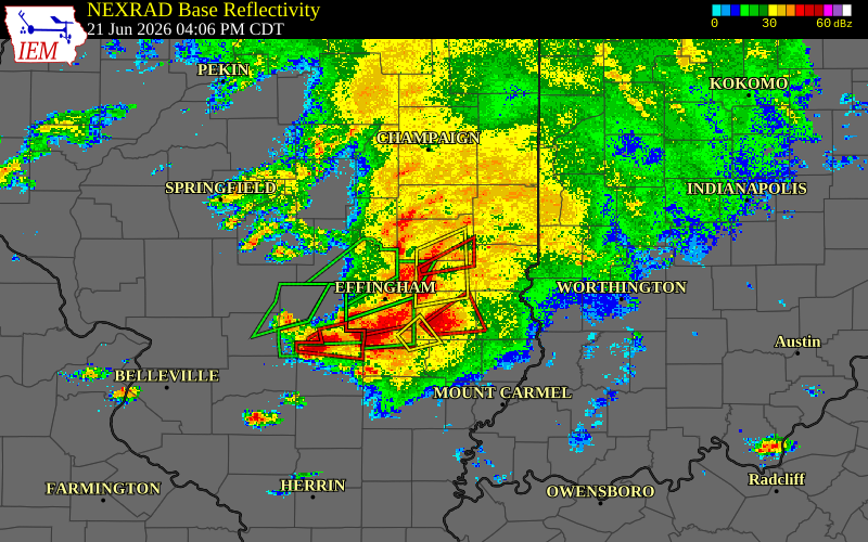 Radar snapshot during the Jun 21, 2026 tornado event near 3 NNE Toledo, Cumberland County, Illinois, with NWS warning polygons